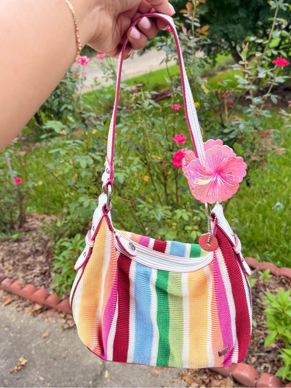 The Sak Rainbow Stripe Kids Shoulder Bag with Pink Plush Charm - Picture 3 of 13